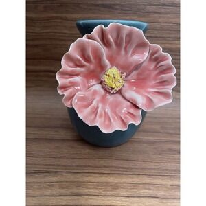 Anthropologie Teal Blue Vase 3D Anemone Flower Peach Colored MCM Retired Rare